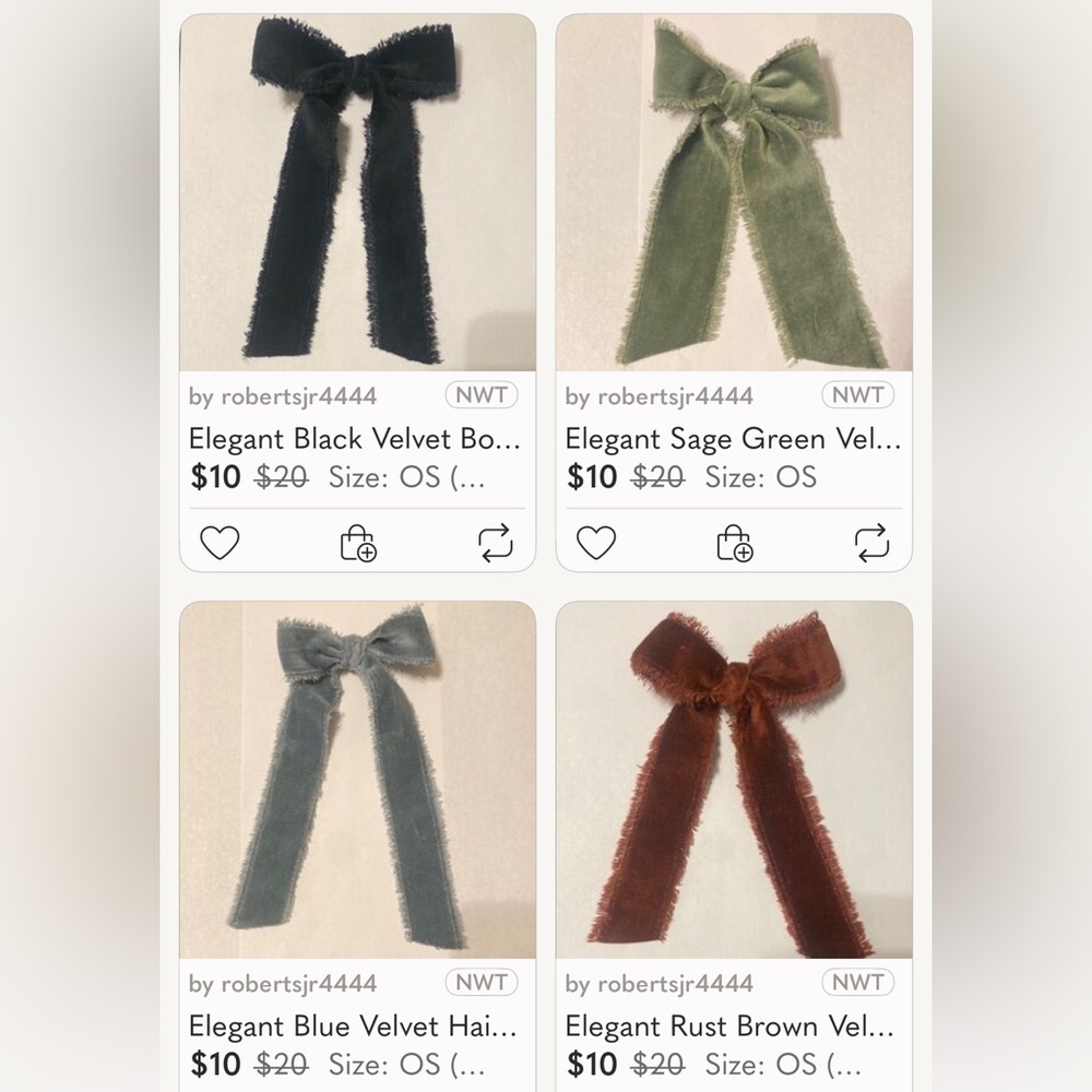 Hand Crafted Velvet Hair Bow Set - Black, Sage Green, Blue, Rust Brown 4 for $20